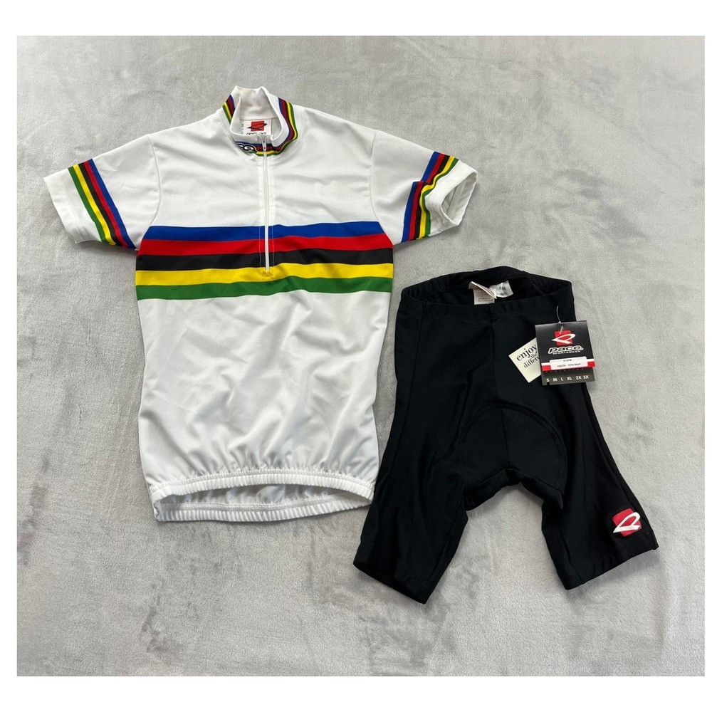 Pace Sportswear Cycling Set Youth S/M White Rainbow Stripe Padded Shorts NWT